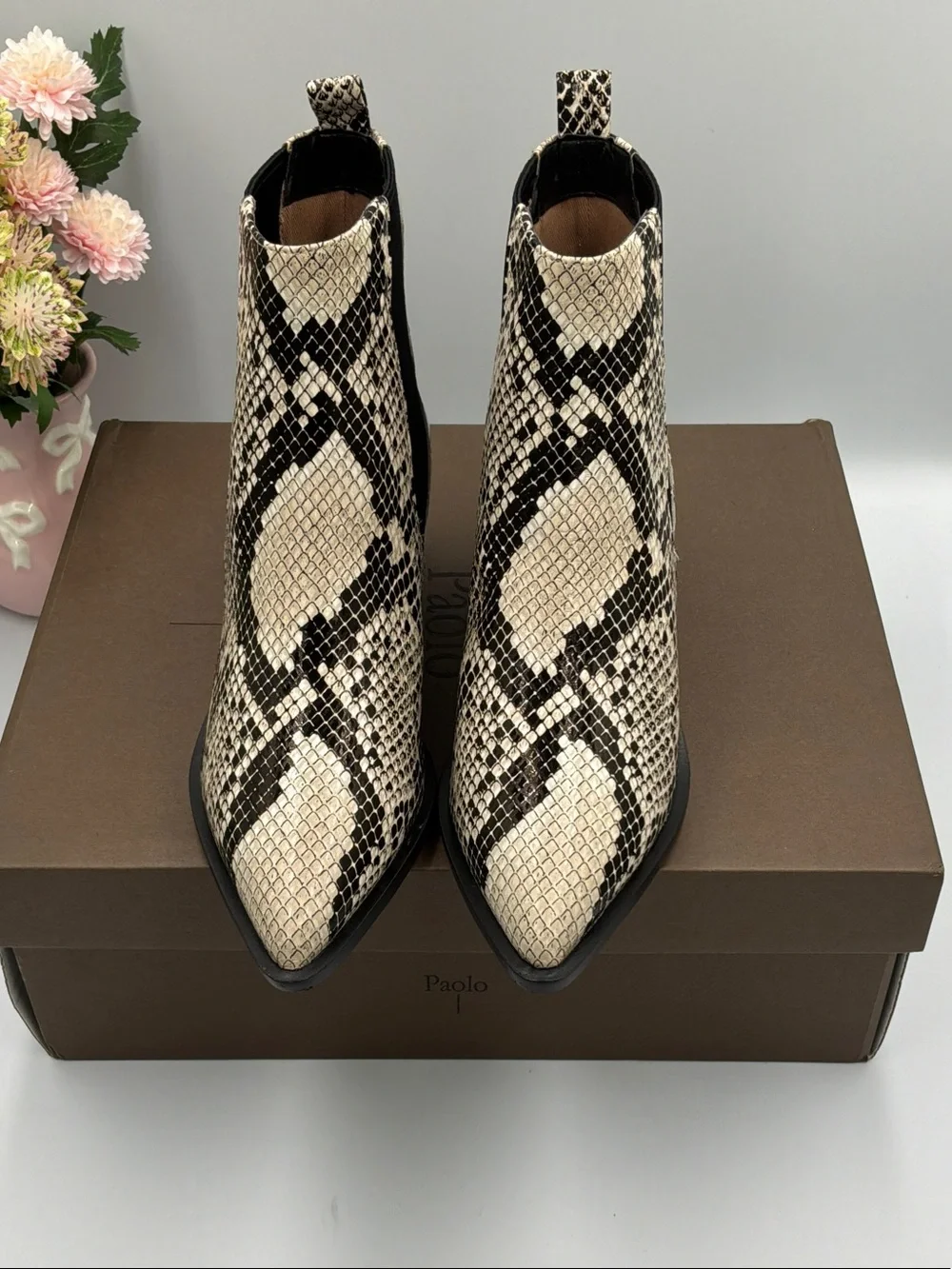 Paolo Black & Cream Snake-Print Chelsea Ankle Boots